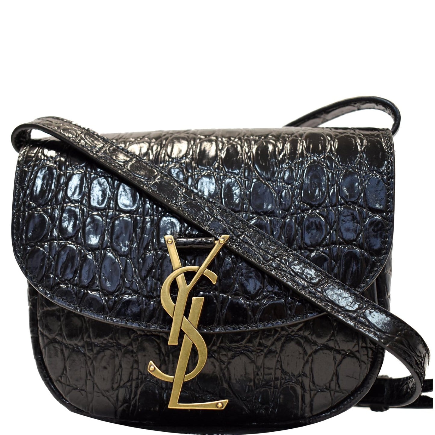 YSL Saint Laurent Saint Kaia Crocodile Embossed Satchel Bag Leather Black Travel Bag
