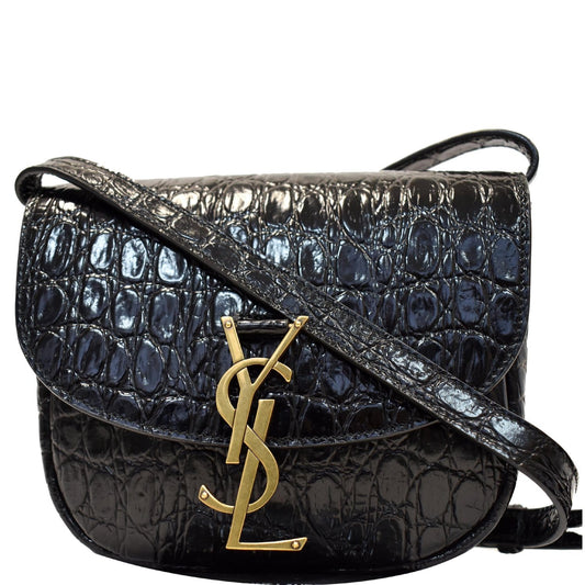 YSL Saint Laurent Saint Kaia Crocodile Embossed Satchel Bag Leather Black Travel Bag