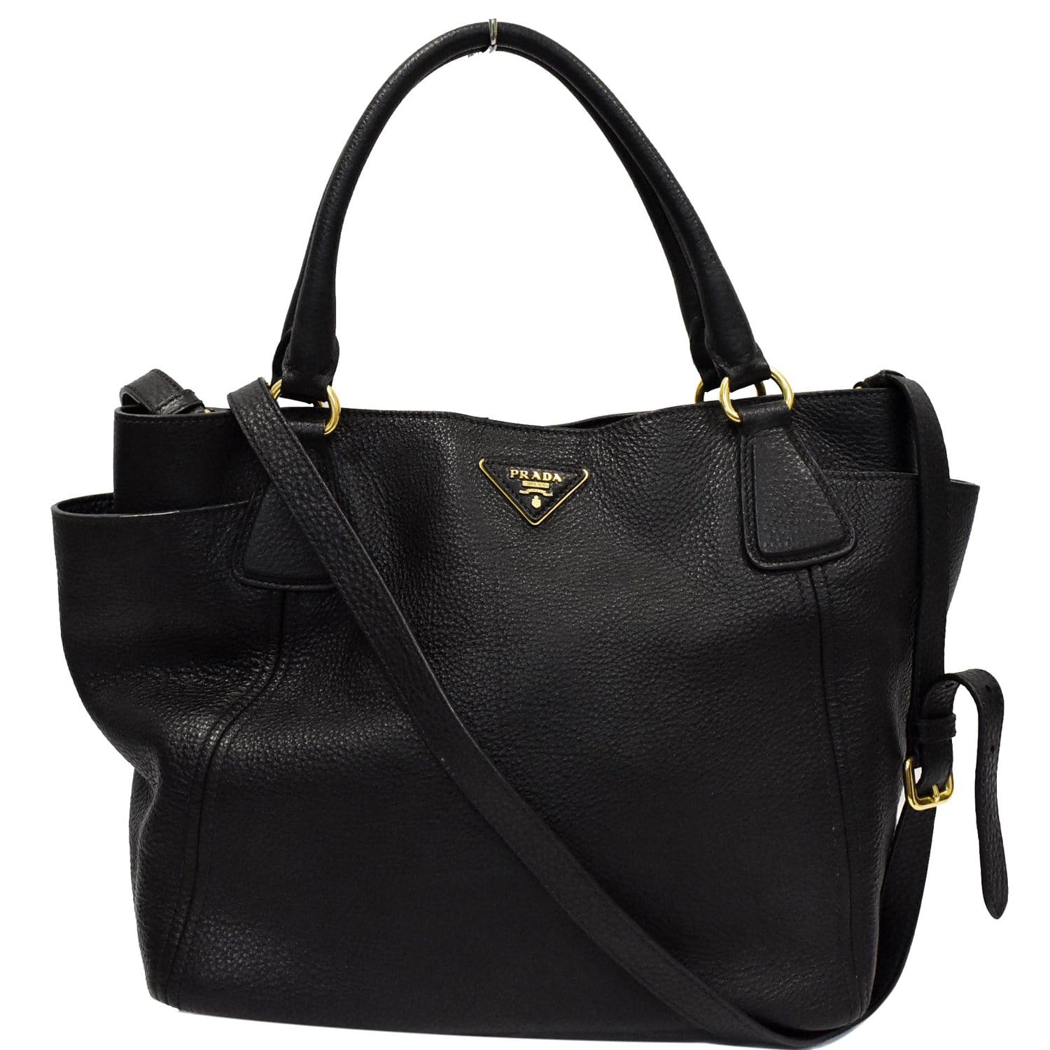 Prada Vitello Daino Side Pocket Tote Shoulder Bag Leather Black