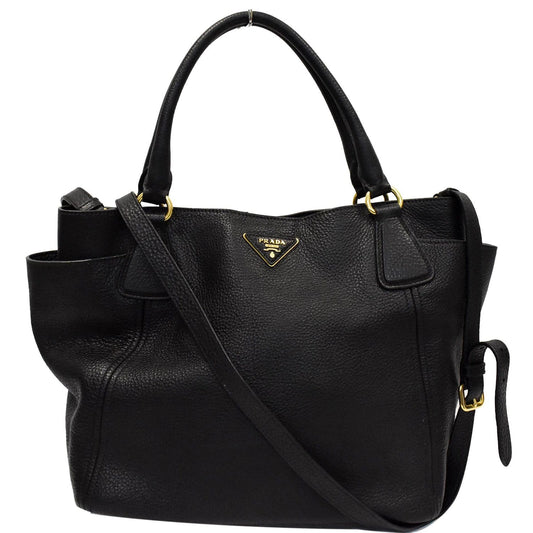 Prada Vitello Daino Side Pocket Tote Shoulder Bag Leather Black