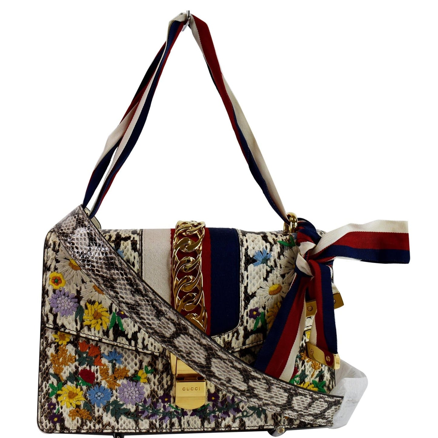 Gucci Sylvie Floral Embroidered Roccia Snakeskin Shoulder Bag Small