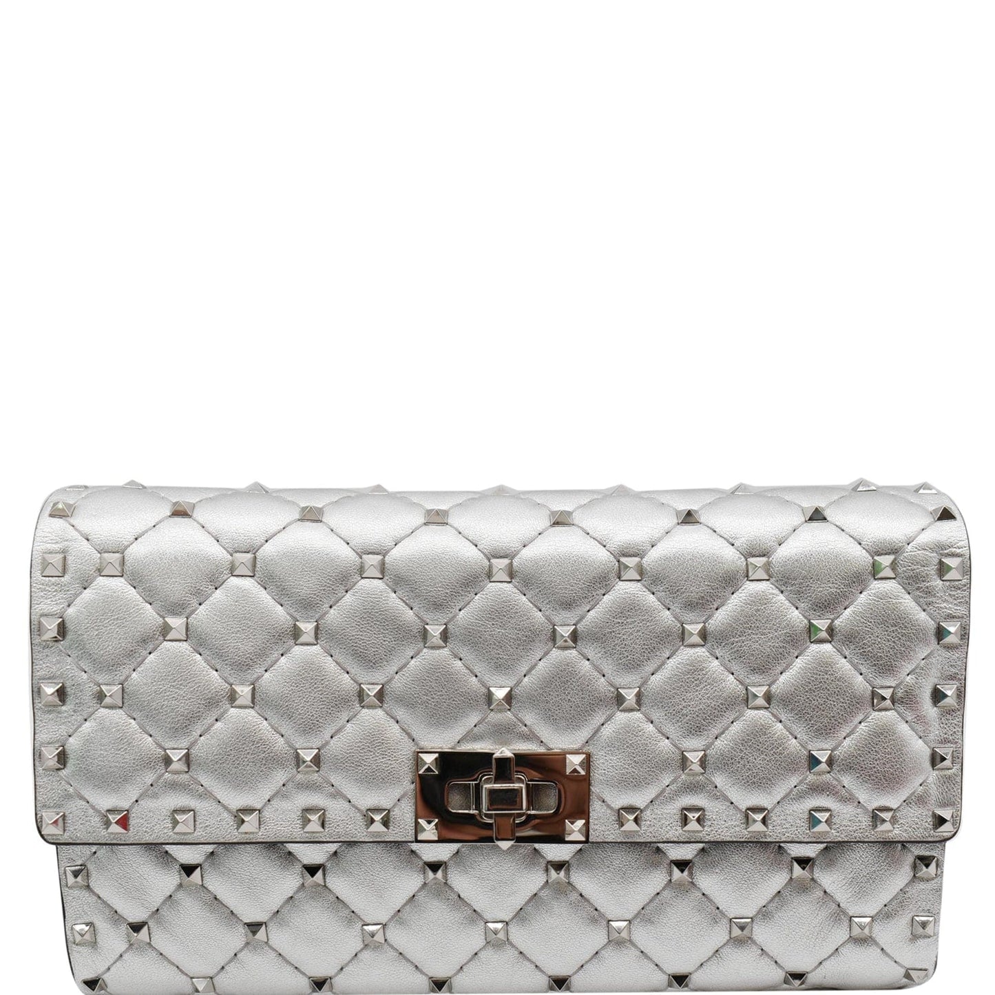 Valentino Rockstud Spike Nappa Clutch Bag Metallic Leather Silver