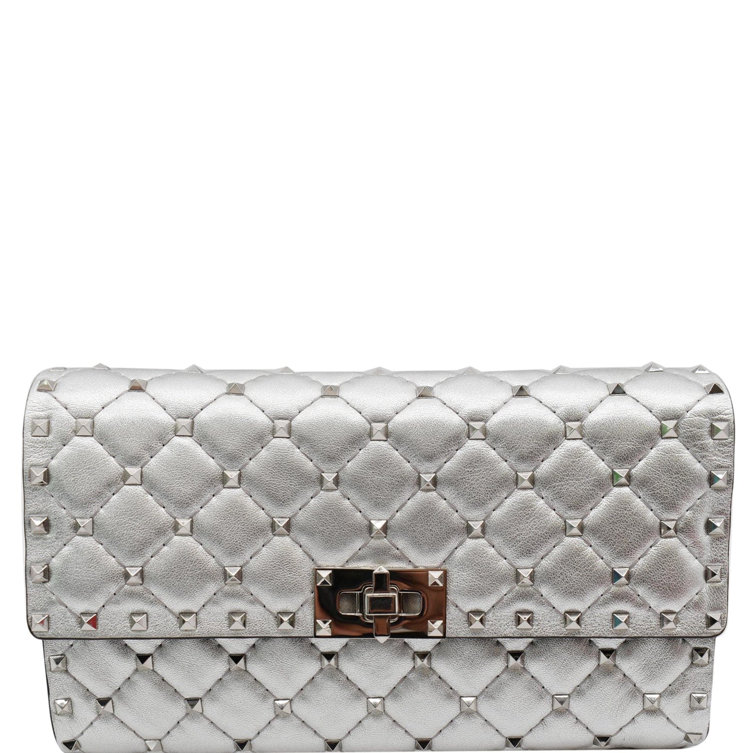 Valentino Rockstud Spike Nappa Clutch Bag Metallic Leather Silver