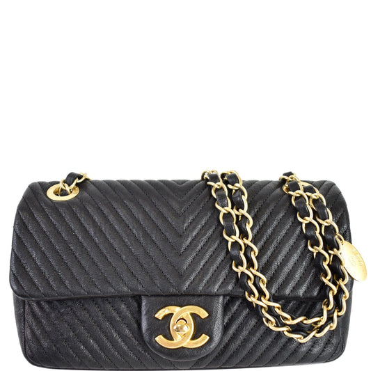 Chanel Surpique Chevron Calfskin Classic Shoulder Bag Black Flap