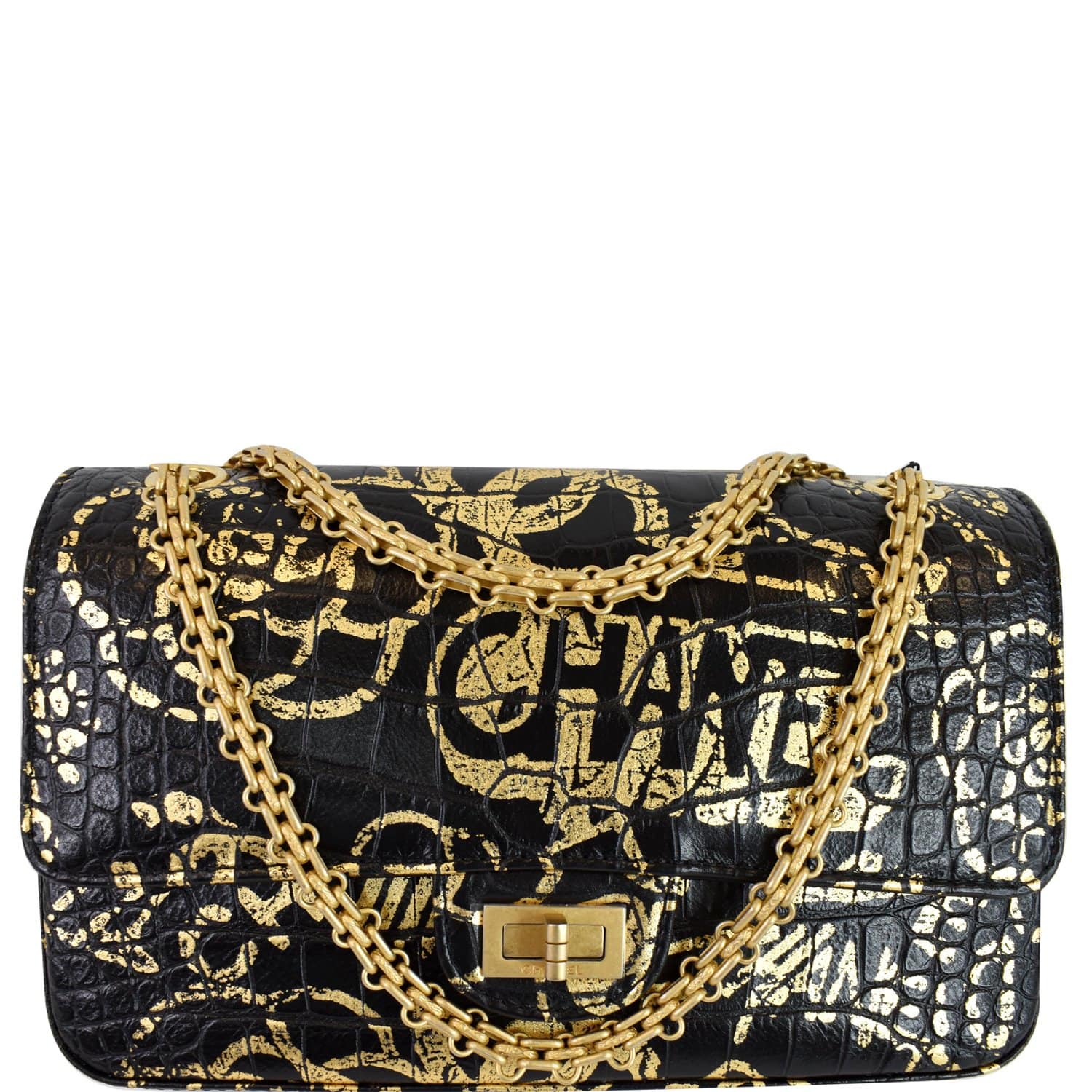 Chanel Reissue Crocodile Embossed Graffiti Shoulder Bag Black Flap