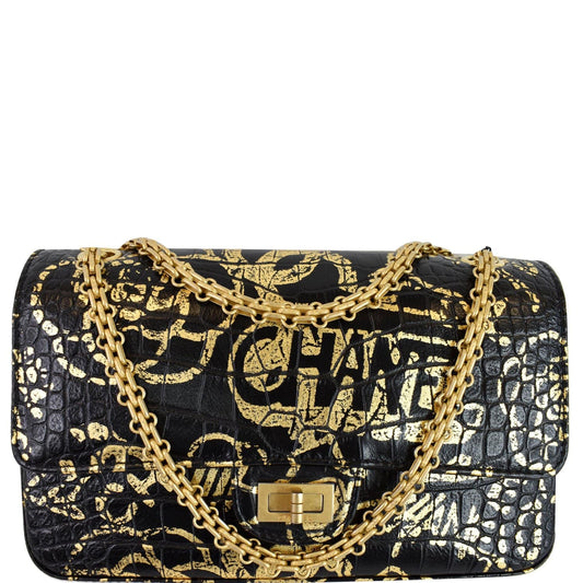 Chanel Reissue Crocodile Embossed Graffiti Shoulder Bag Black Flap