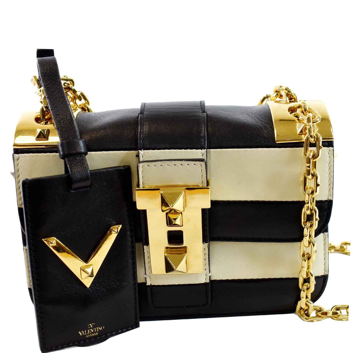 Valentino Striped Rockstud Shoulder Bag Ivory Leather