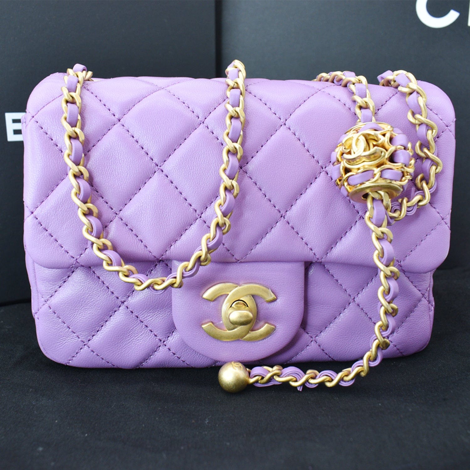 Chanel 22S Pearl Crush Square Crossbody Bag Purple Leather Mini