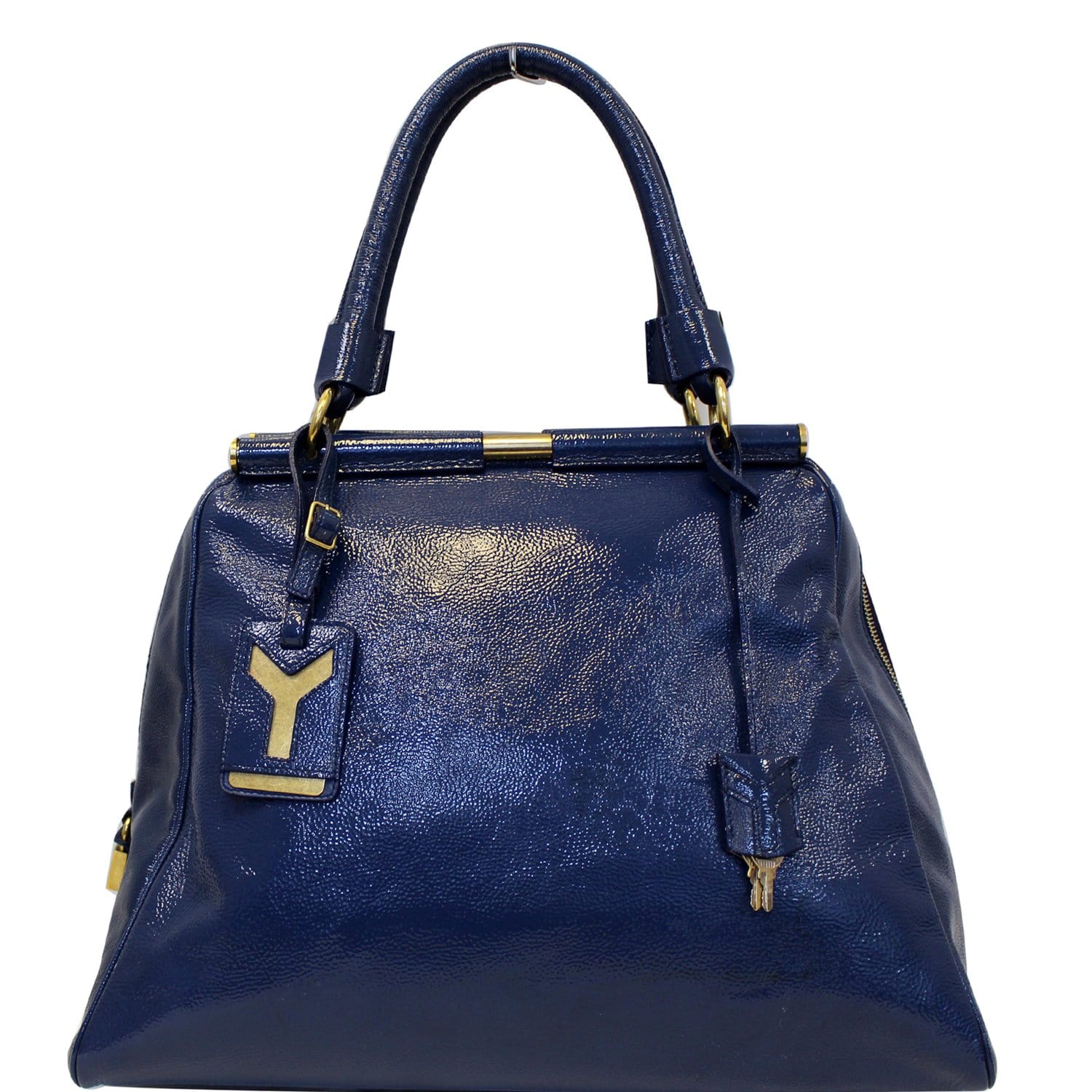 YSL Saint Laurent Saint Majorelle Patent Satchel Bag Leather Blue Travel Bag