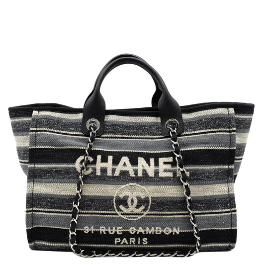 Chanel Deauville Striped Tweed Tote Bag Grey Canvas Black