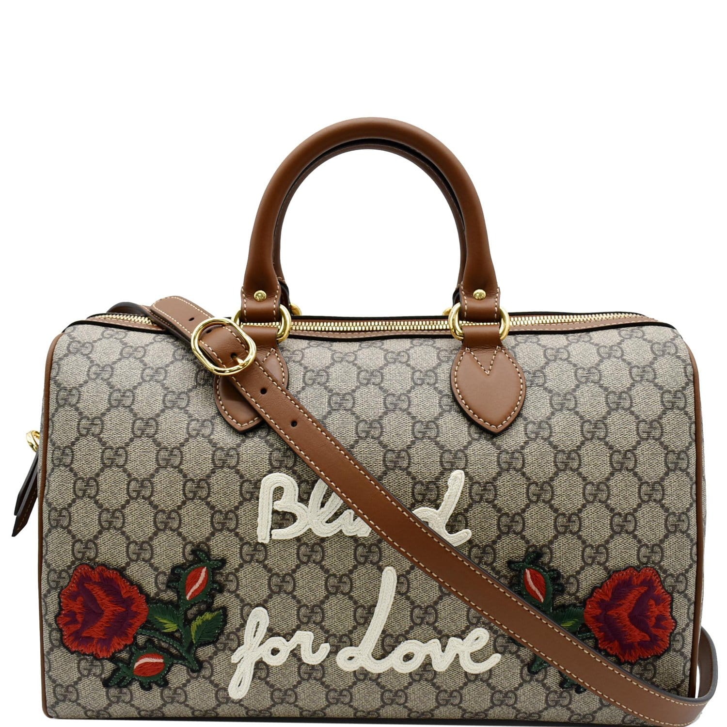Gucci Blind For Love Embroidered Supreme Boston Bag Canvas Brown Travel Bag