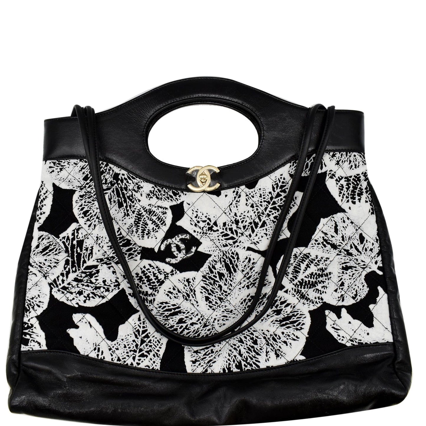 Chanel Printed Cotton Shopping Shoulder Bag Leather Black
