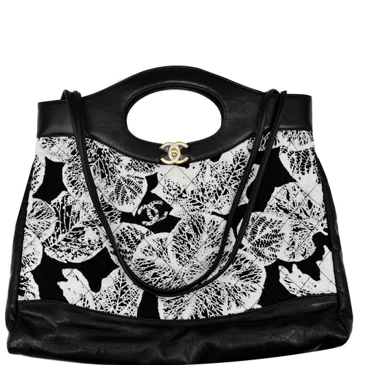Chanel Printed Cotton Shopping Shoulder Bag Leather Black