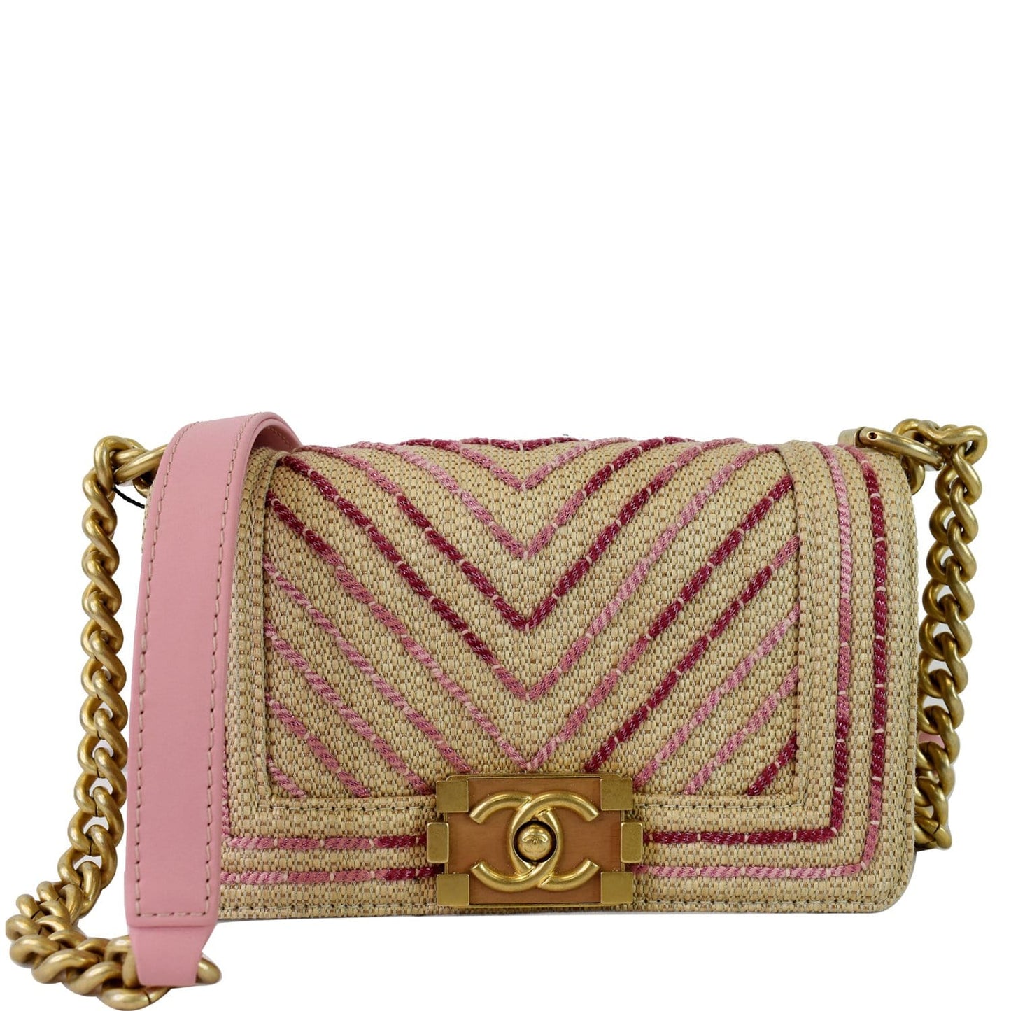 Chanel Boy Chevron Cotton Mixed Fibers Shoulder Bag Pink Small