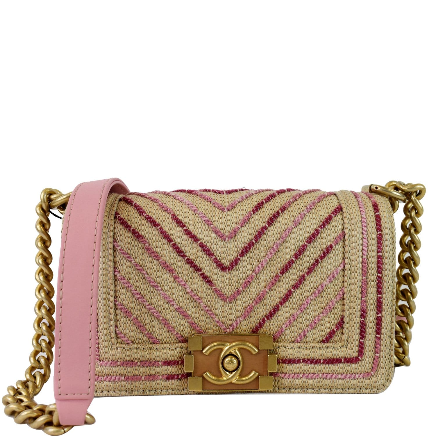 Chanel Boy Chevron Cotton Mixed Fibers Shoulder Bag Pink Small