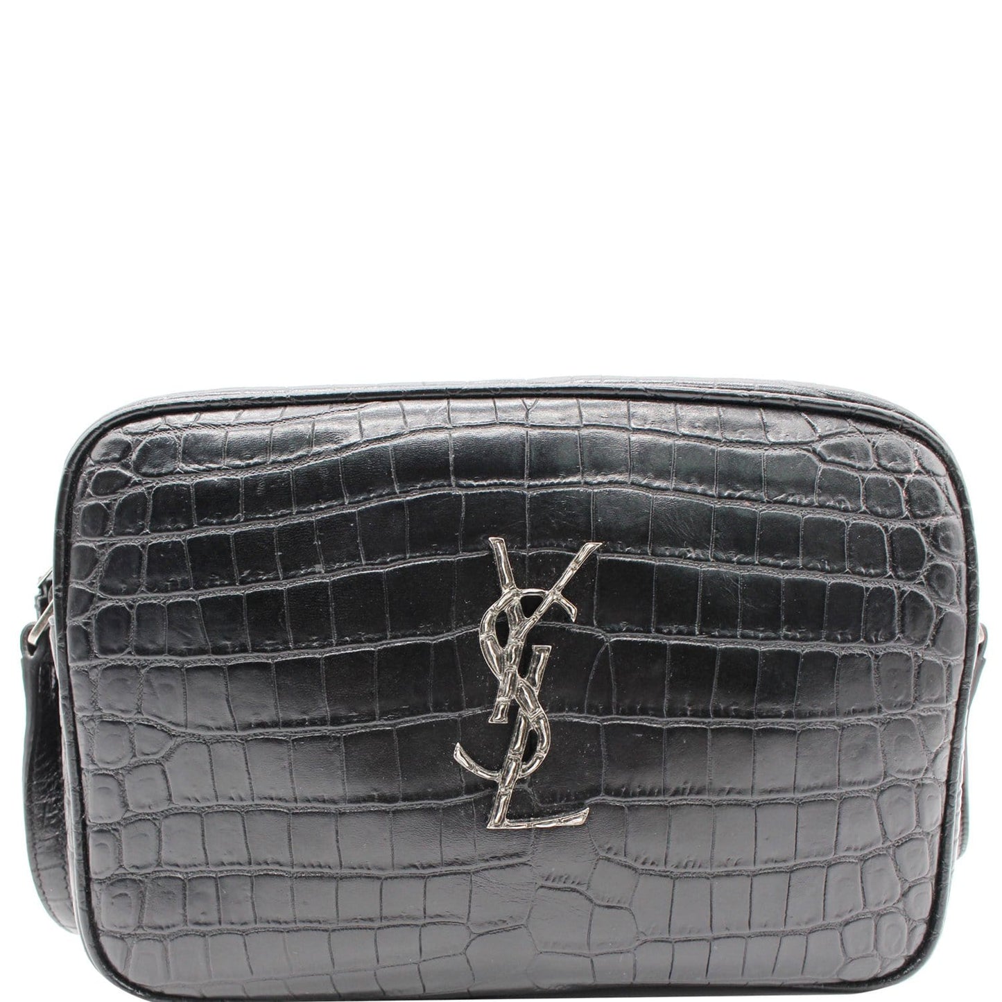 YSL Saint Laurent Saint Lou Crocodile Embossed Camera Crossbody Bag Leather Black