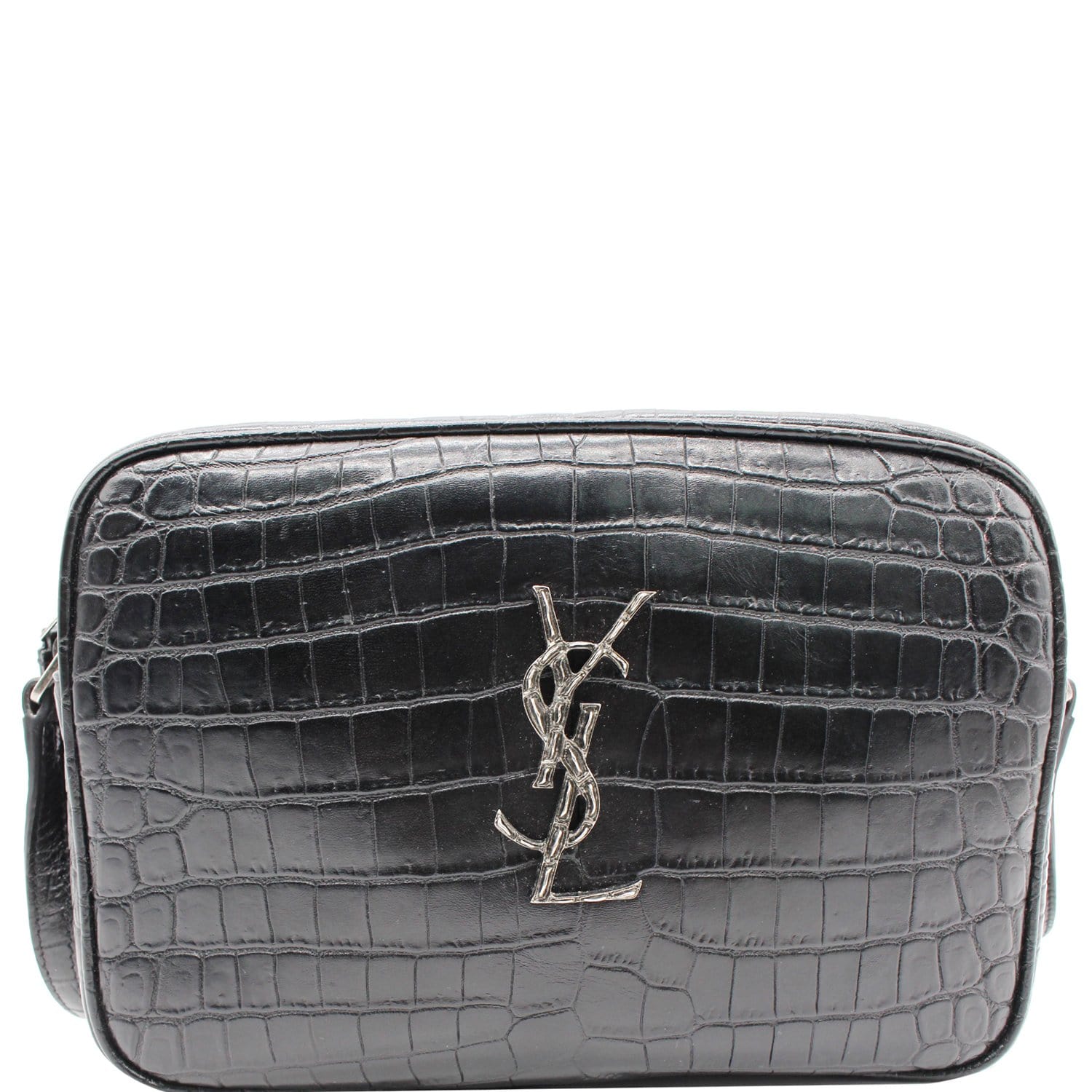 YSL Saint Laurent Saint Lou Crocodile Embossed Camera Crossbody Bag Leather Black