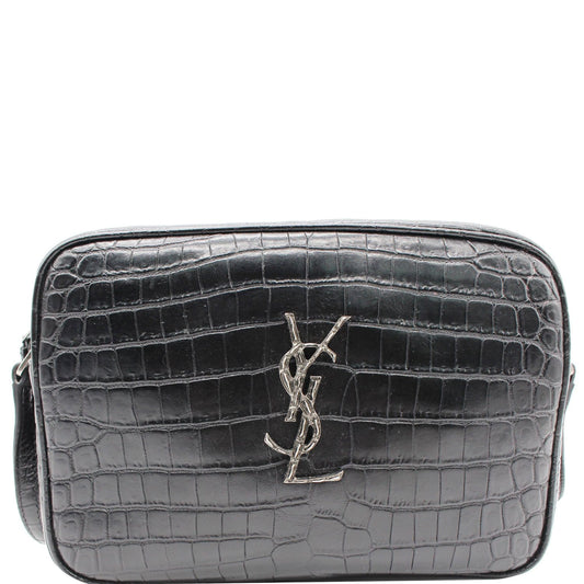 YSL Saint Laurent Saint Lou Crocodile Embossed Camera Crossbody Bag Leather Black