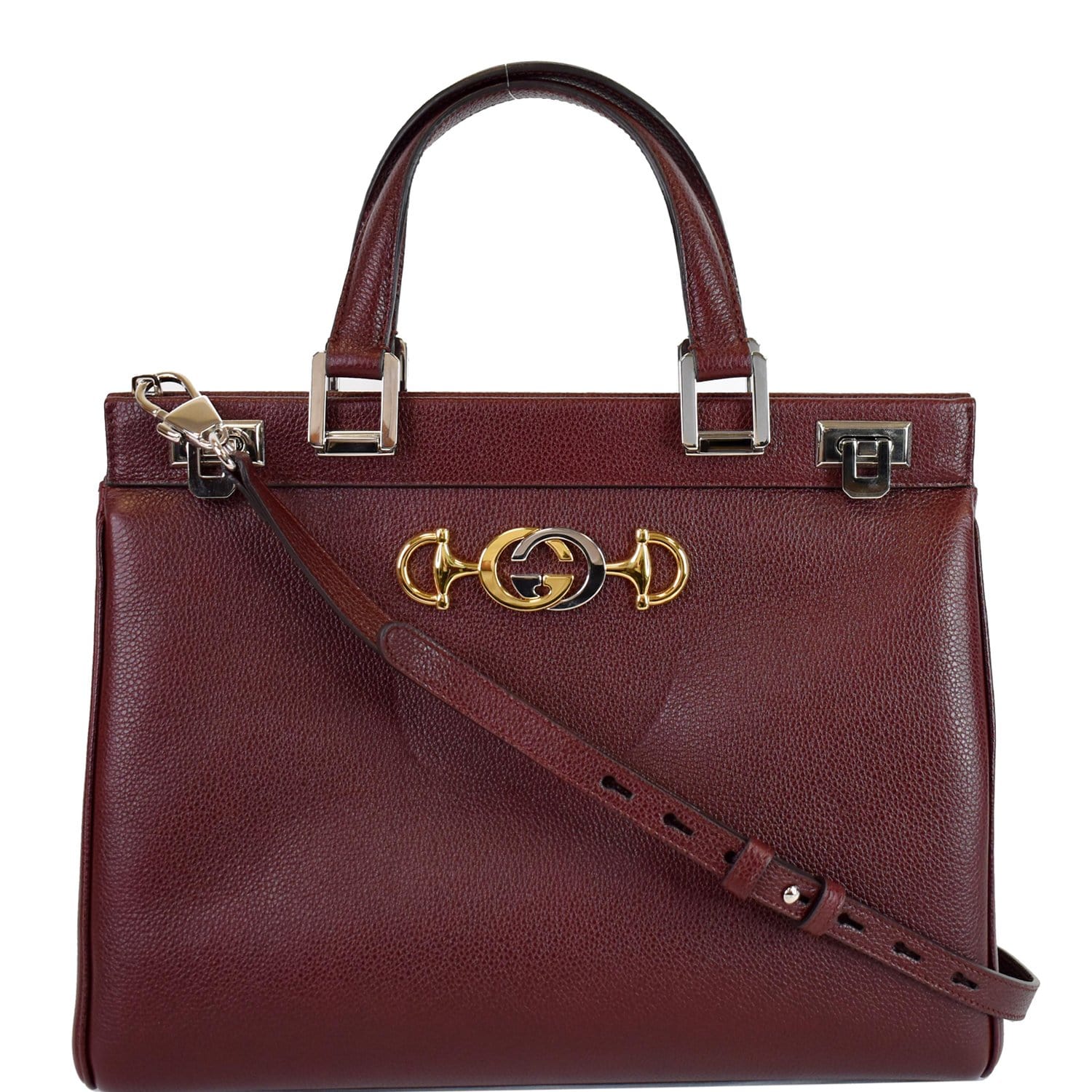 Gucci Zumi Grainy Top Handle Bag Burgundy Leather Medium Shoulder Bag