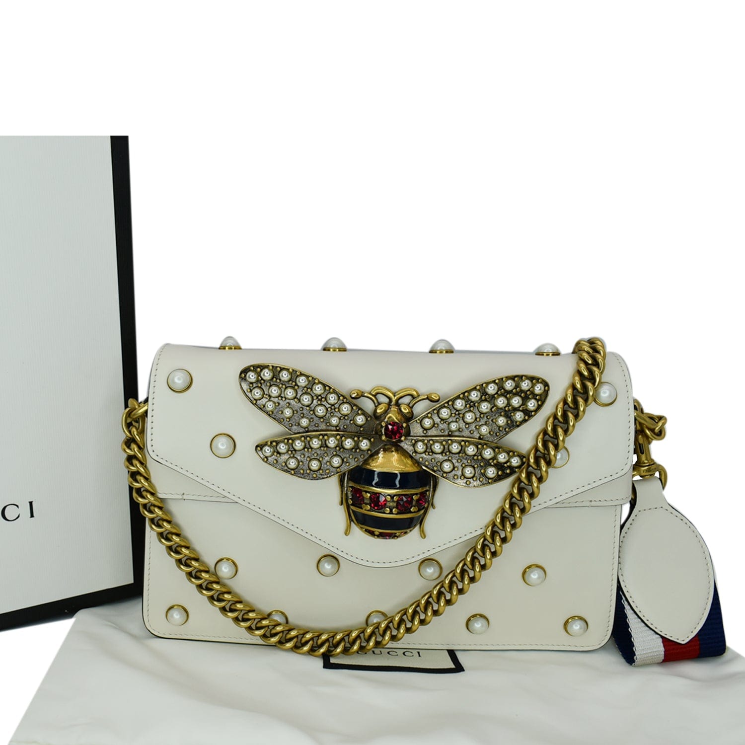 Gucci Broadway Pearl Bee Crossbody Bag Leather White