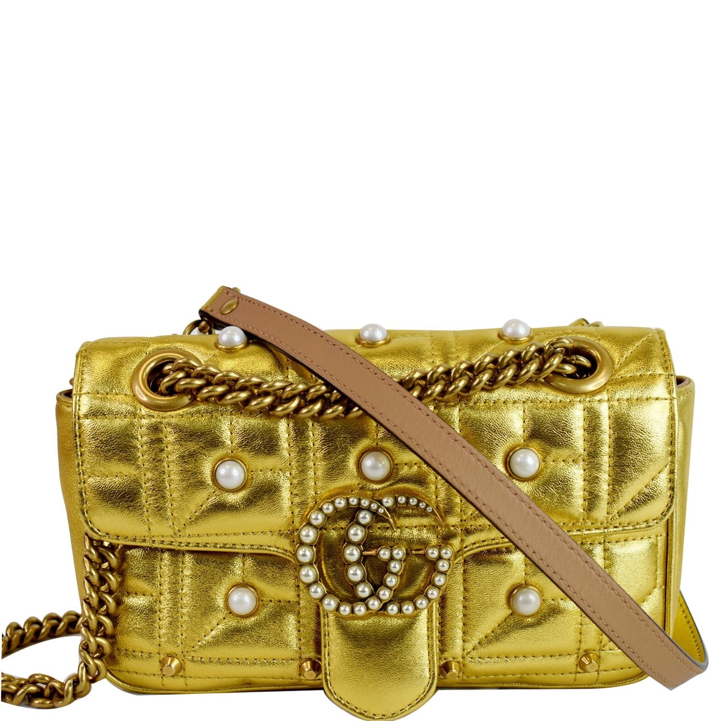 Gucci Marmont Pearl Studded Shoulder Bag Leather Gold