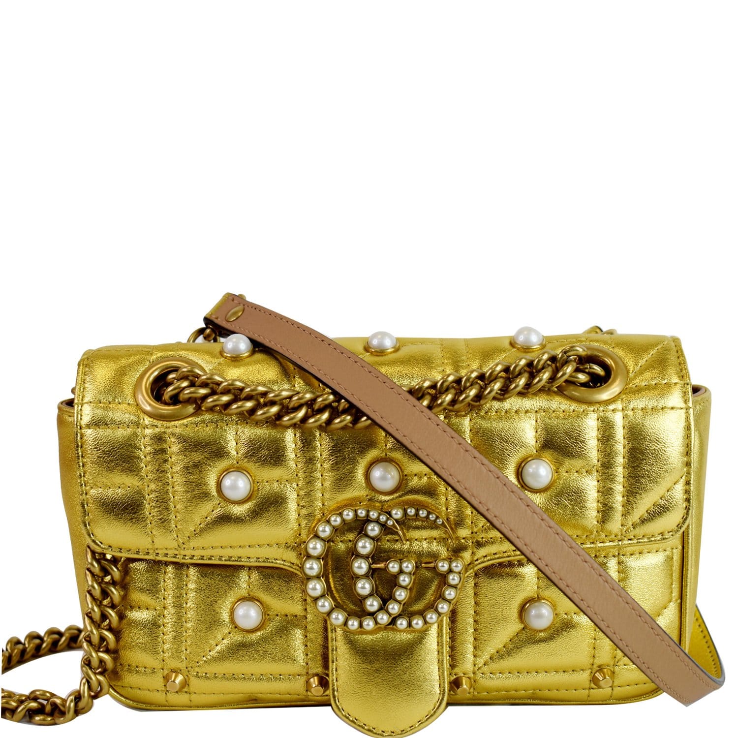 Gucci Marmont Pearl Studded Shoulder Bag Leather Gold