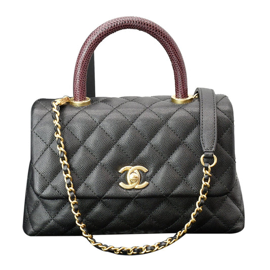 Chanel Coco Top Lizard Handle Caviar Shoulder Bag Leather Black