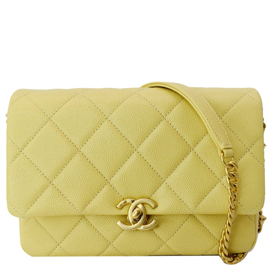 Chanel Melody Flap Caviar Shoulder Bag Yellow Leather Quilted