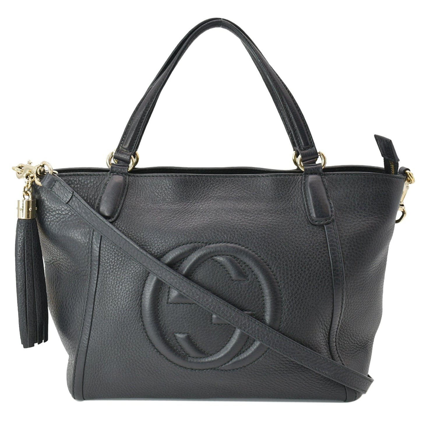 Gucci Soho Tassel Pebbled Top Handle Crossbody Bag Leather Black