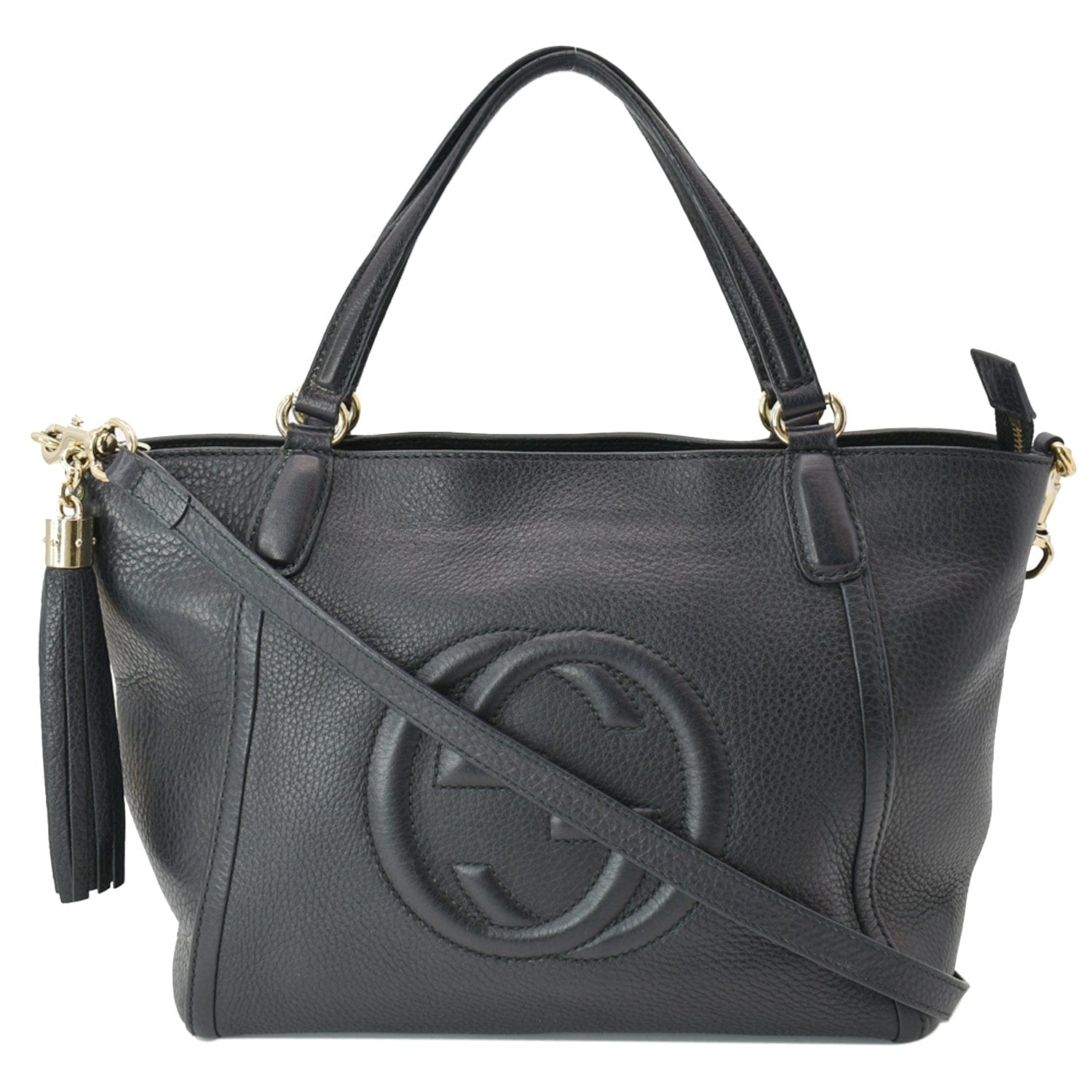 Gucci Soho Tassel Pebbled Top Handle Crossbody Bag Leather Black