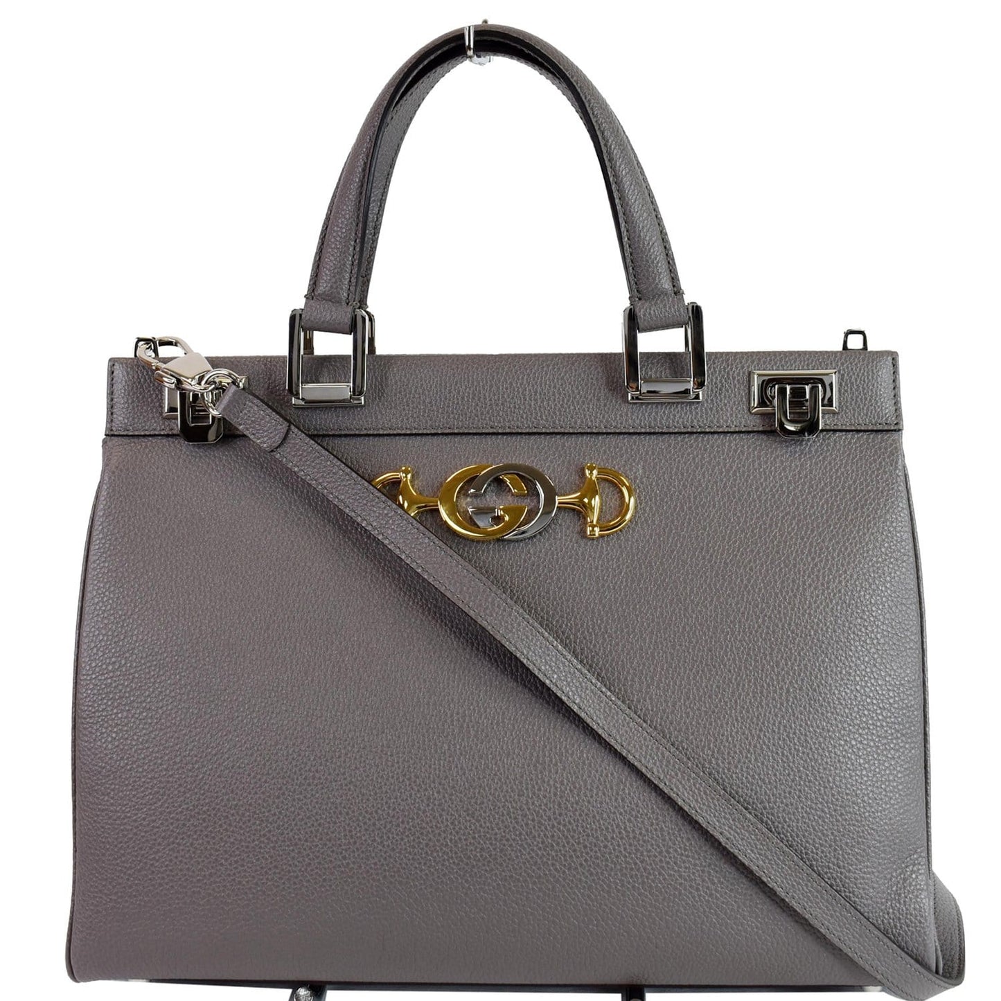 Gucci Zumi Grainy Top Handle Bag Dusty Grey Leather Medium Shoulder Bag