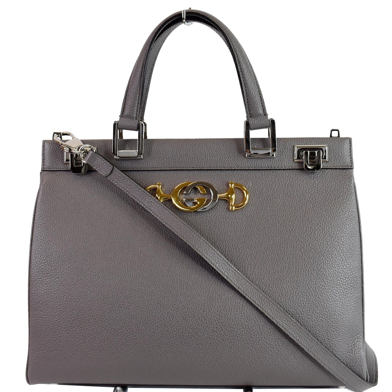 Gucci Zumi Grainy Top Handle Bag Dusty Grey Leather Medium Shoulder Bag