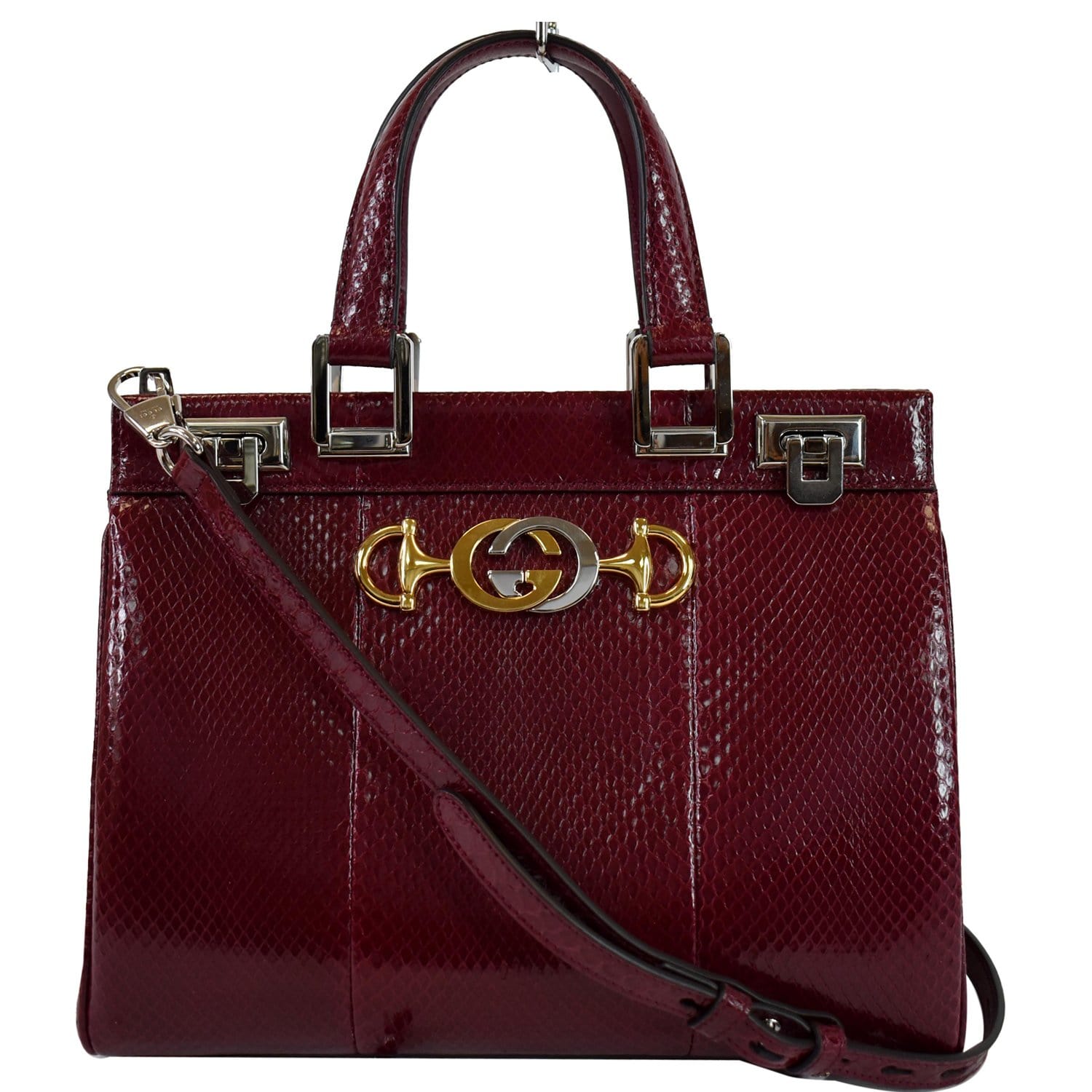 Gucci Zumi Snakeskin Top Handle Bag Bordeaux Leather Small Travel Bag