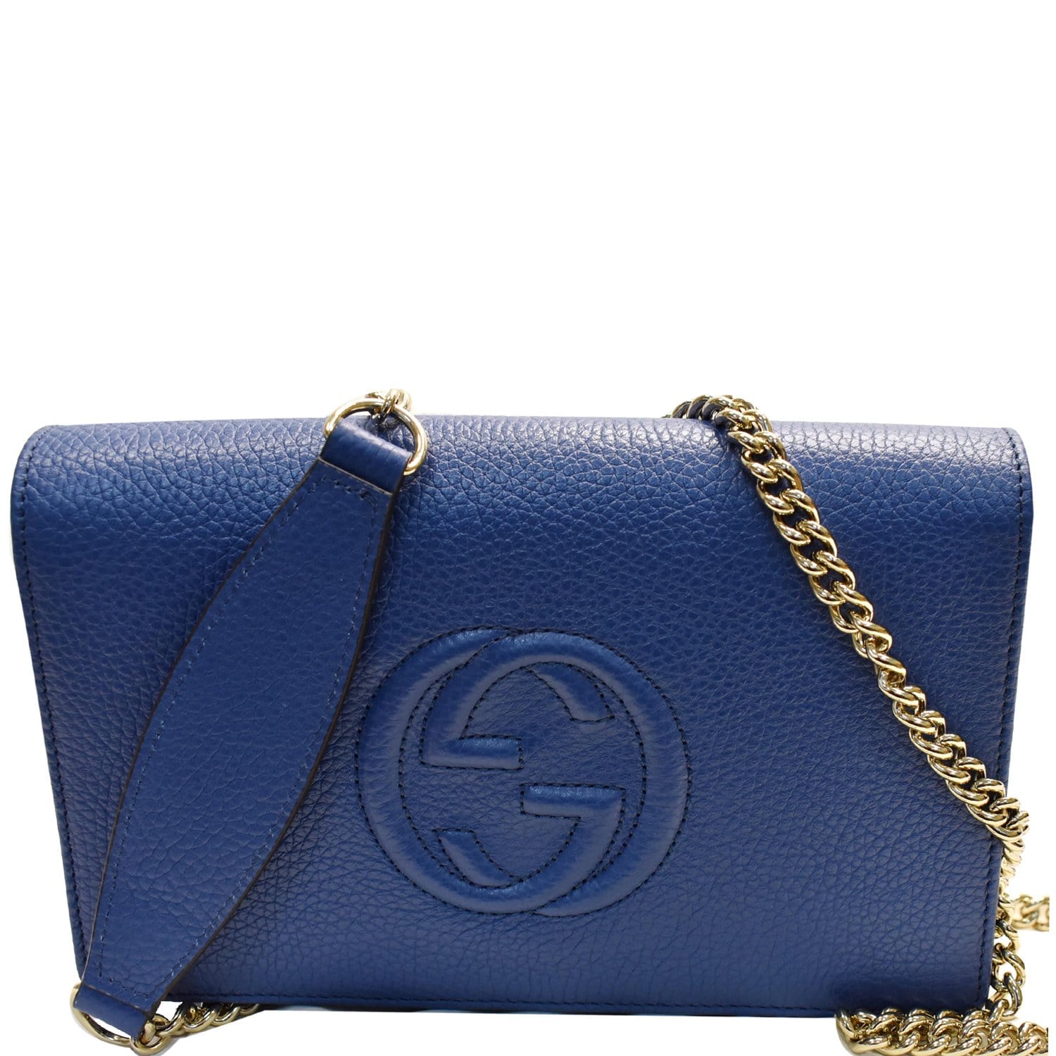 Gucci Soho Pebbled Wallet On Chain Bag Leather Blue Crossbody Bag