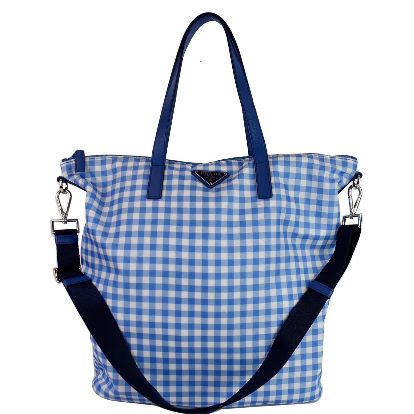 Prada Textured Check Tote Shoulder Bag Nylon Blue