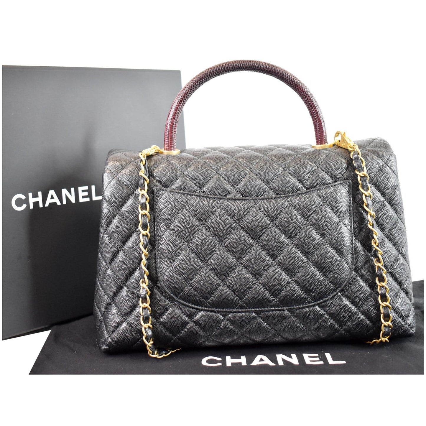 Chanel Coco Caviar Lizard Handle Shoulder Bag Quilted Black