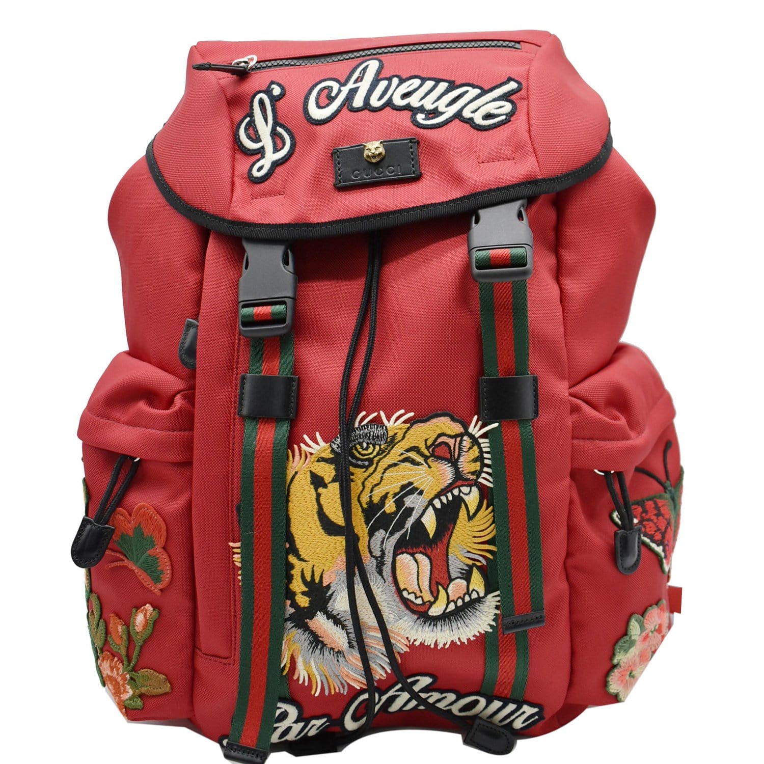 Gucci Aveugle Par Amour Embroidered Double Buckle Backpack Nylon