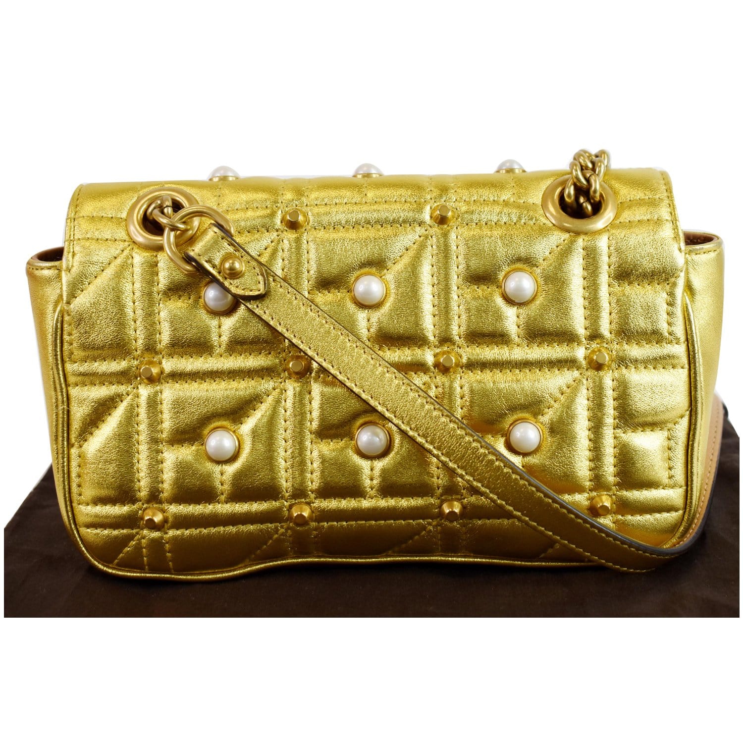 Gucci Marmont Pearl Studded Shoulder Bag Leather Gold