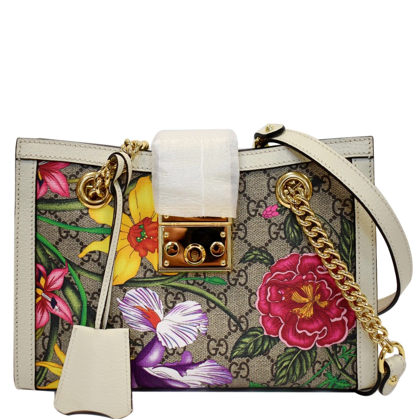 Gucci Padlock Flora Supreme Shoulder Bag Canvas Beige Biege 498156