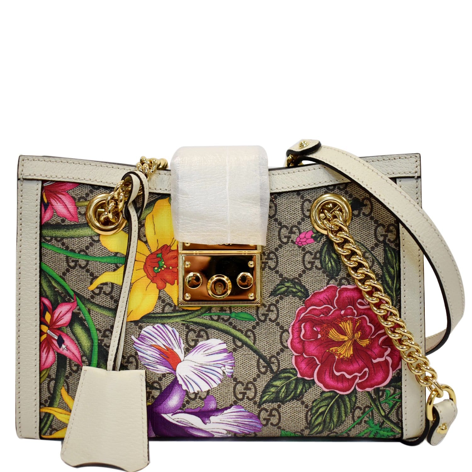 Gucci Padlock Flora Supreme Shoulder Bag Canvas Beige Biege 498156