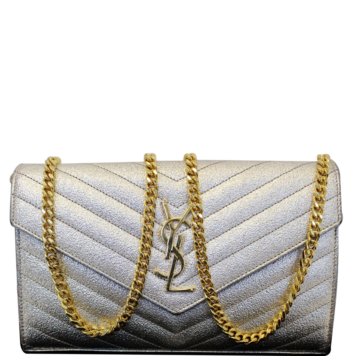 YSL Saint Laurent Saint Chevron Wallet Shoulder Bag Leather Silver
