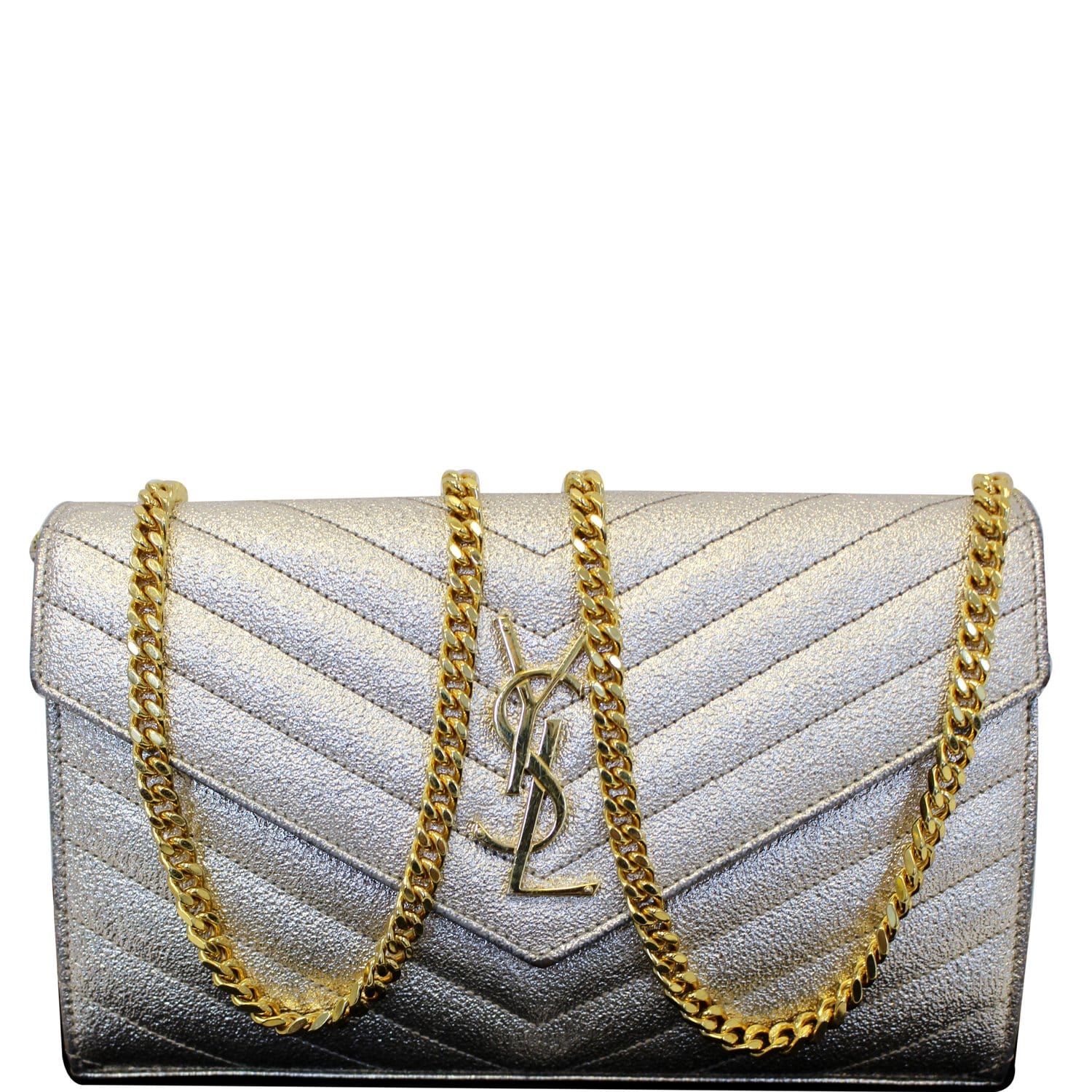 YSL Saint Laurent Saint Chevron Wallet Shoulder Bag Leather Silver