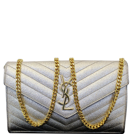 YSL Saint Laurent Saint Chevron Wallet Shoulder Bag Leather Silver