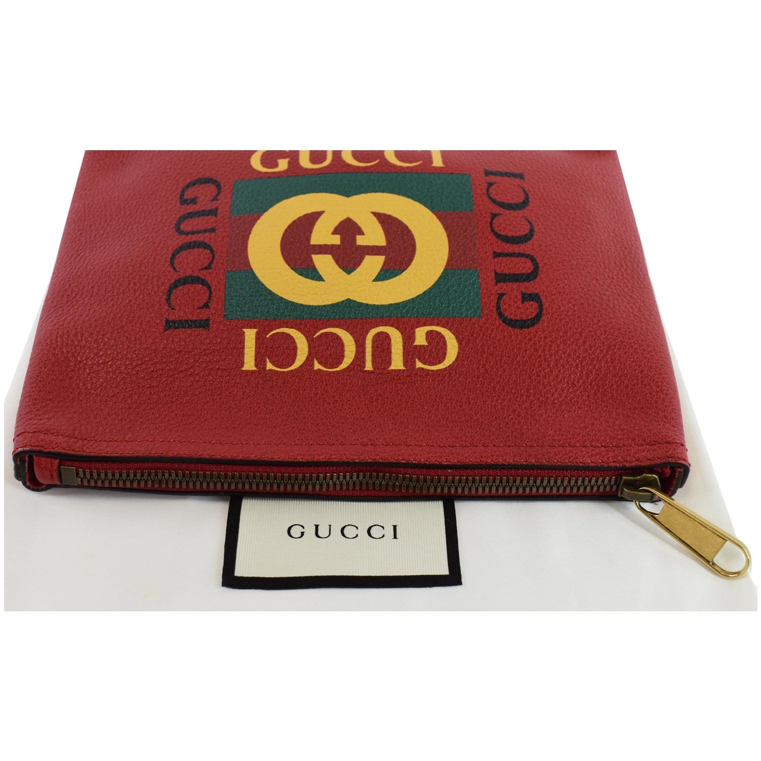 Gucci Pebbled Logo Portfolio Clutch Hibiscus Off Leather Red Clutch Bag