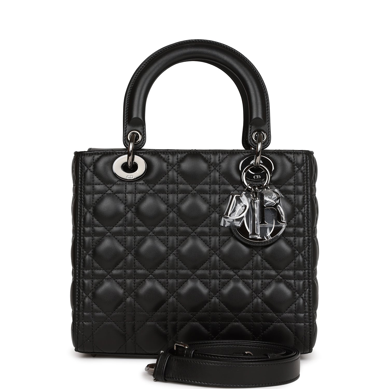 Dior Christian Lady Tote Ruthenium Hardware Lambskin Black Medium Tote Bag