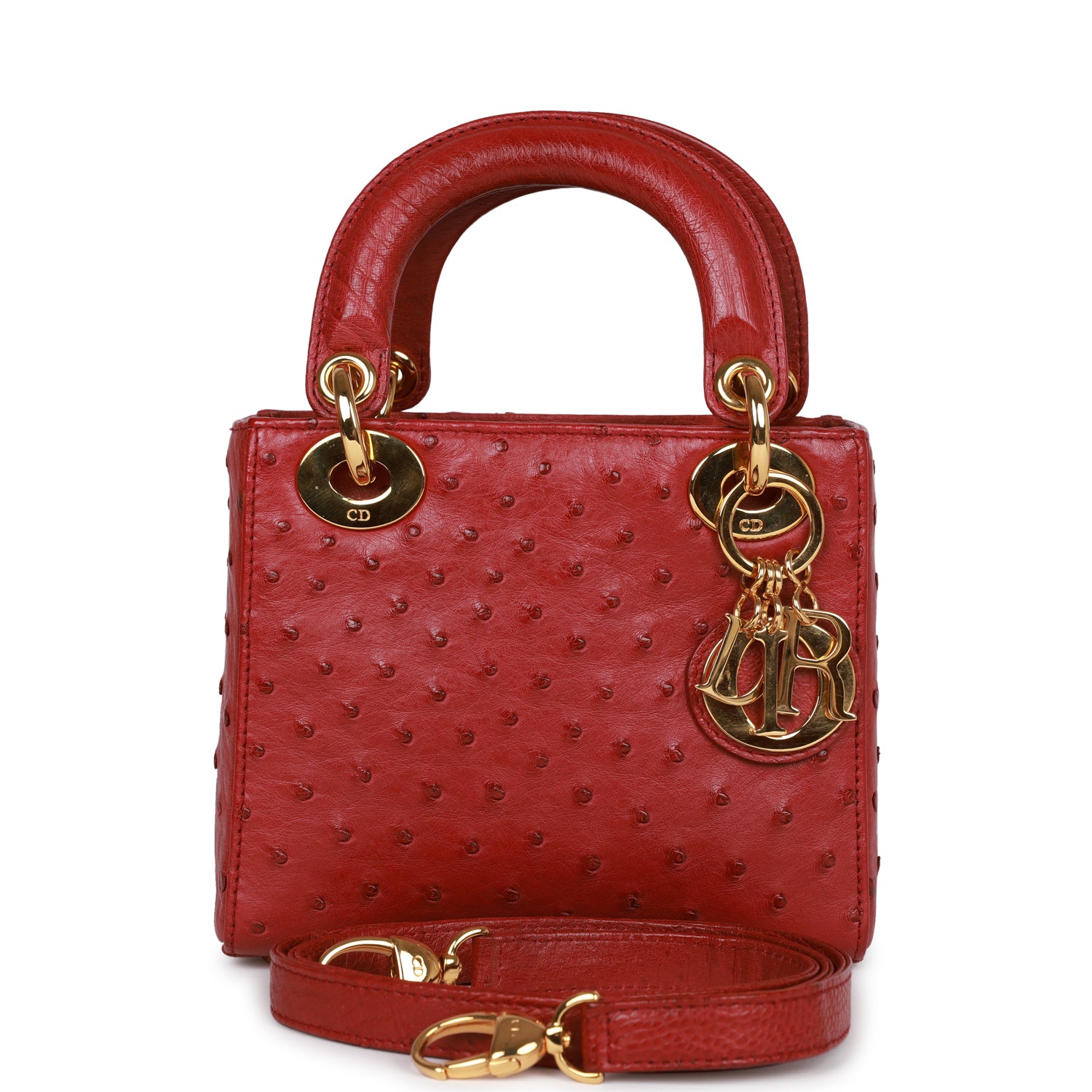 Dior Christian Lady Bag Burgundy Ostrich Hardware Gold Mini Tote Bag