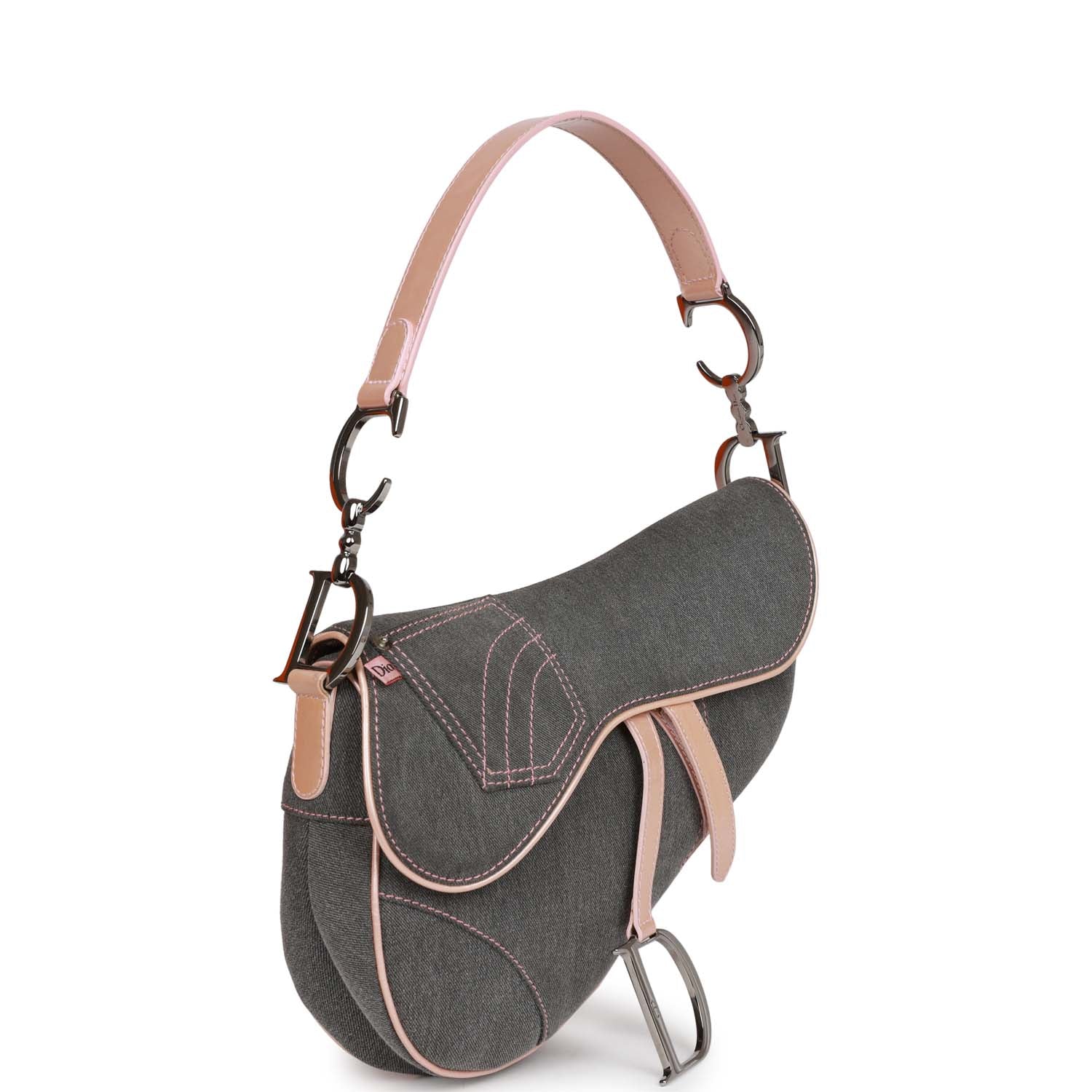 Dior Christian Saddle Bag Grey And Metallic Hardware Leather Denim Pink Travel Bag