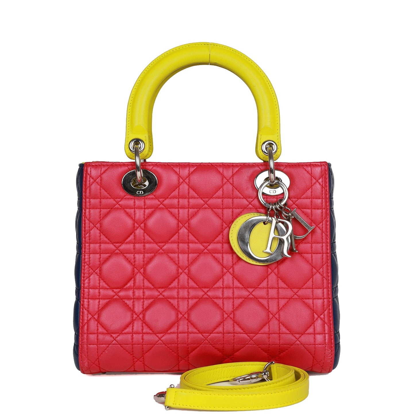 Dior Christian Lady Tricolor Cannage Hardware Tote Bag Lambskin Silver Medium