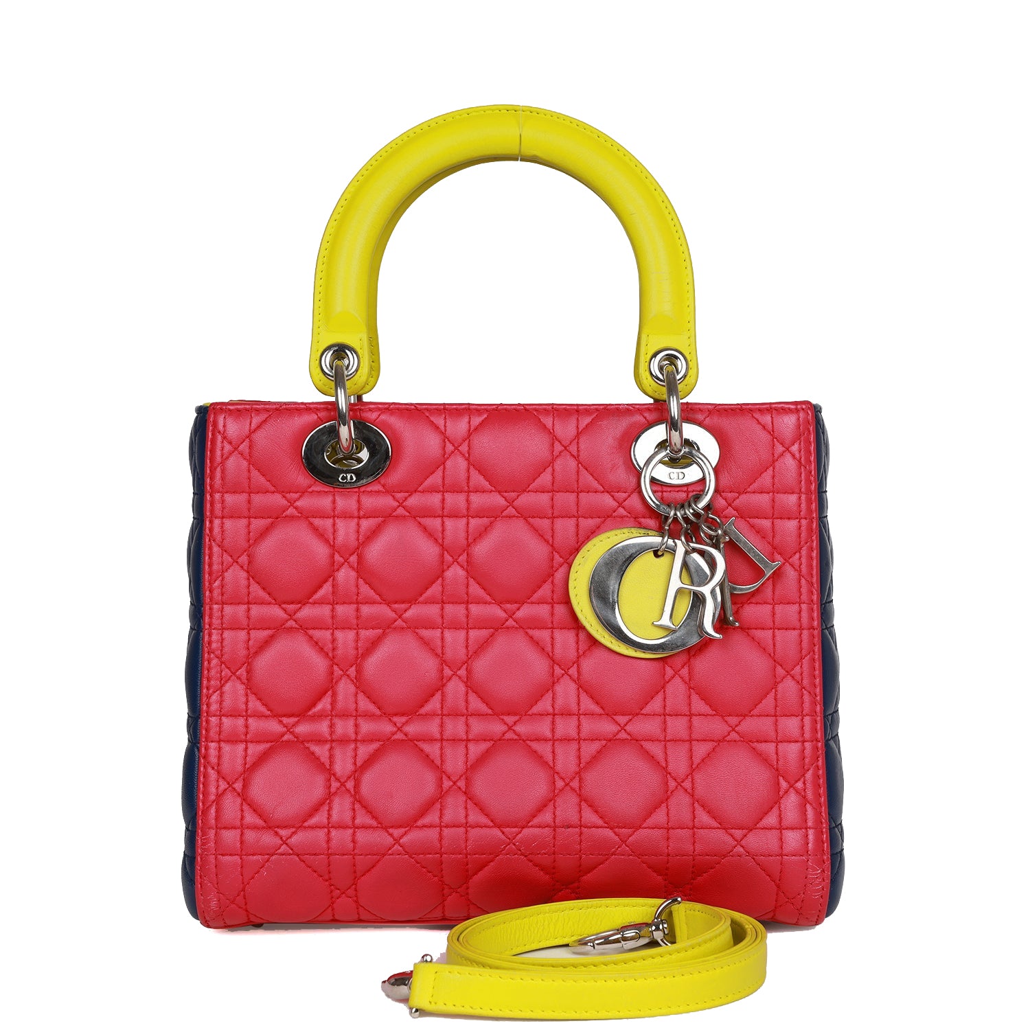 Dior Christian Lady Tricolor Cannage Hardware Tote Bag Lambskin Silver Medium