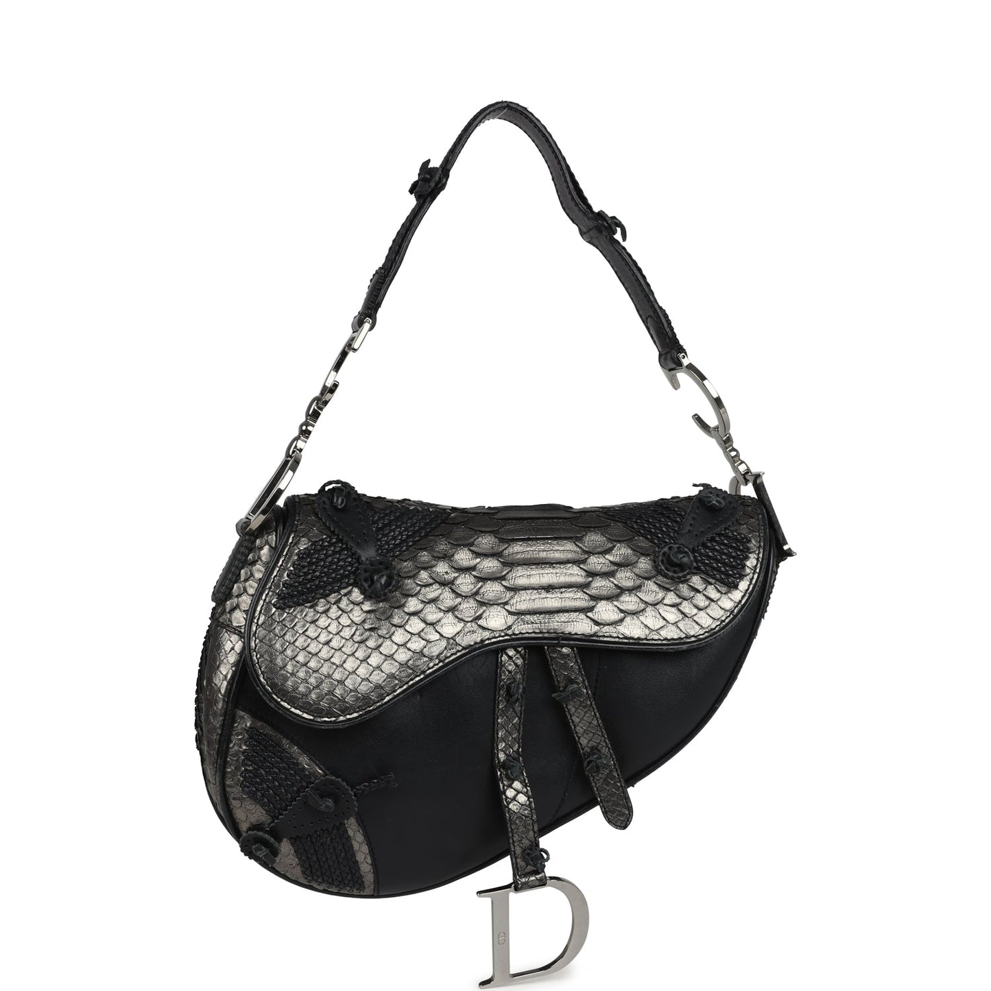 Dior Christian Saddle Bag Gunmetal And Hardware Leather Python Black Shoulder Bag
